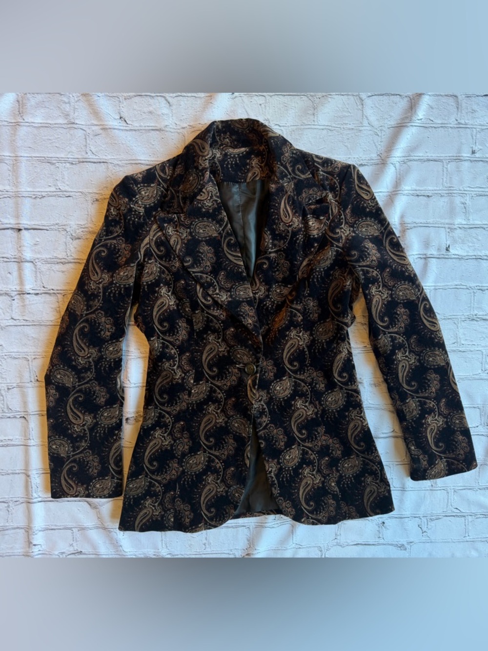 Vintage 1980s Ellen Tracy Paisley Heritage Velvet Equestrian Dark Blazer Small